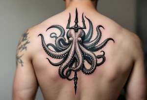 giant octopus around a trident tattoo idea