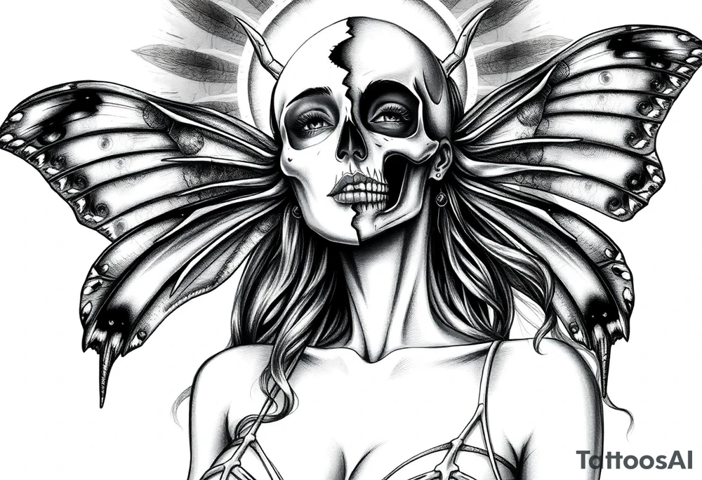 ethereal lunar moth resemblance powerfully sexy depiction of the goddess estate nude full frontal with exotic erotic lingerie orgasmic stare realistic the hottest depiction of the goddess of Love and war basking in the sun high above half of face is skeleton the other half beautiful tattoo idea