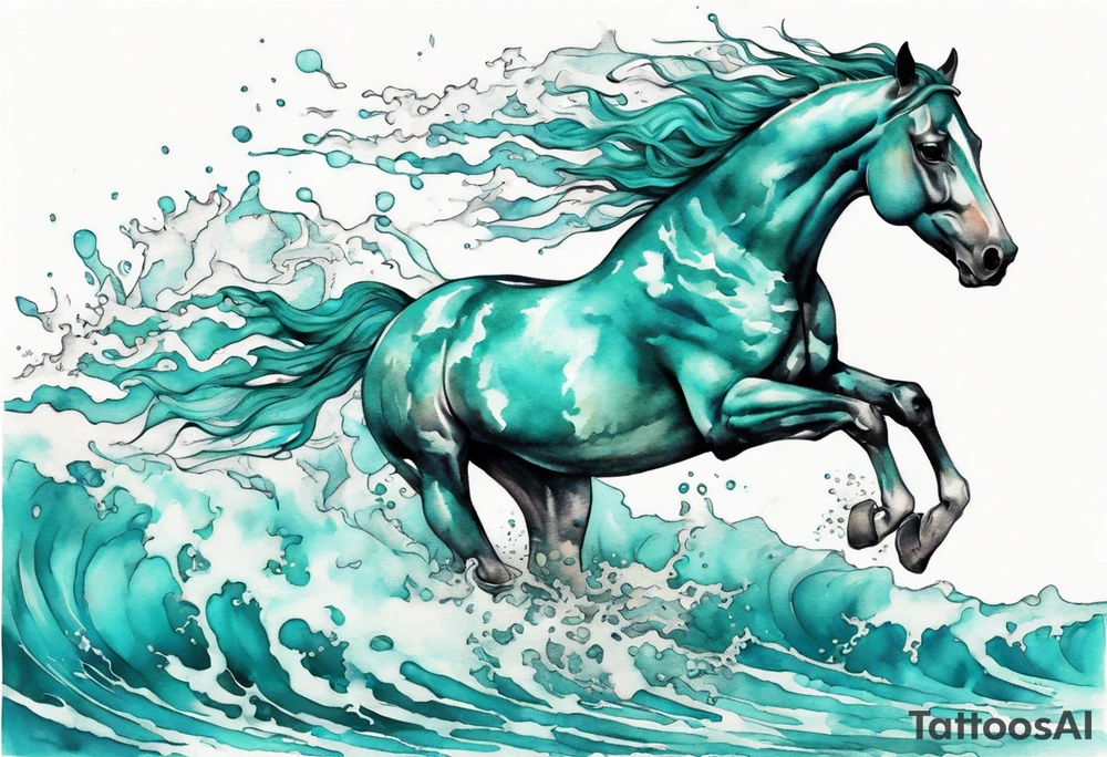 a turquoise water horse running through crashing waves tattoo idea