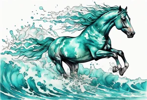 a turquoise water horse running through crashing waves tattoo idea