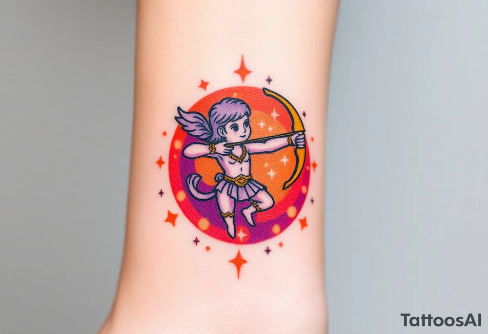 A majestic Sagittarius archer, drawing a golden bow, surrounded by a cosmic aura in shades of deep purple and fiery orange tattoo idea
