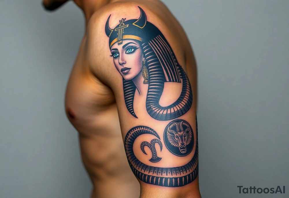 A DSLR photo of a full upper arm tattoo on a man's right arm, from neck to below the elbow. The tattoo shows the Egyptian goddess Renenutet with a serene and powerful female face, shaded with lifelike detail. Her eyes are vivid blue with white highlights. She wears a war crown (Mut or Isis style, with horns and a solar disk), and an ankh on the forehead. Her hair blends into a cobra hood that transitions into the serpent’s body wrapping around the entire arm. The cobra’s scales are deeply shaded black with white edge accents and subtle blue highlights on the back. The body coils protectively around the forearm, encircling three symbols: twin faces (Gemini), a lion’s head in relief (Leo), and a Capricorn with a horned goat and fish tail, each embedded in the snake’s body or stylized medallions. The tattoo glows slightly with white ink accents, giving it a vibrant, almost living presence. Photographed in soft studio lighting to highlight texture and shading, with visible skin grain and depth of ink. tattoo idea