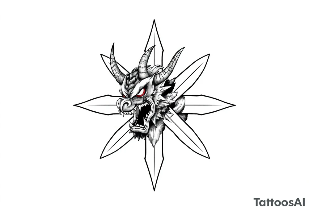 Abstract asterisk with a Japanese folklore demon from old times tattoo idea