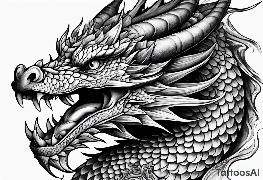 An ornate dragon breathing fire, with intricate scales and a fierce expression, symbolizing power and protection.” tattoo idea