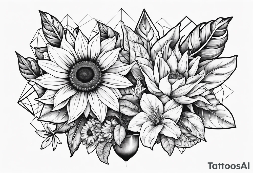 Small cluster containing a sunflower, lily, pot leaf, and diamonds tattoo idea