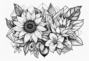 Small cluster containing a sunflower, lily, pot leaf, and diamonds tattoo idea