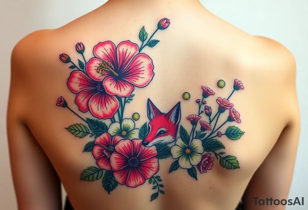 vintage bouquet of wild hibiscus
 and meadow flowers with morning dew and a fox tattoo idea