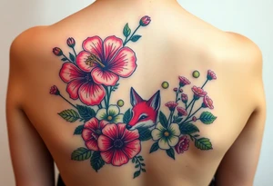 vintage bouquet of wild hibiscus
 and meadow flowers with morning dew and a fox tattoo idea
