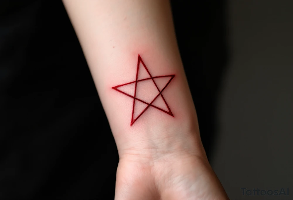 A simple red ink pentagram, with no outline, appearing as though painted in blood. tattoo idea