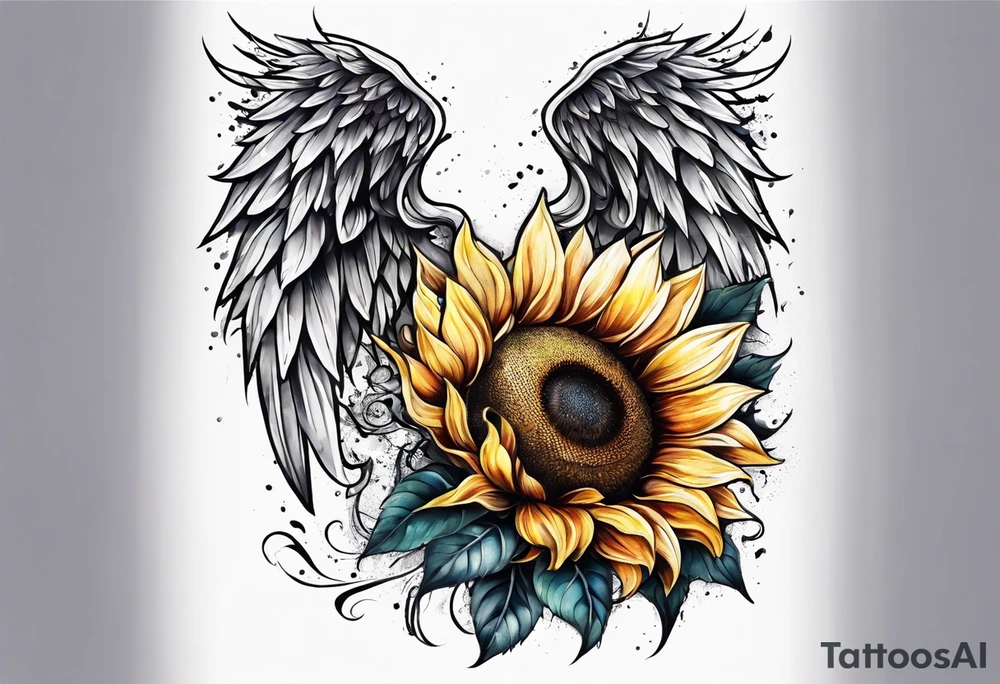 Sunflower and angel wings sleeve tattoo idea