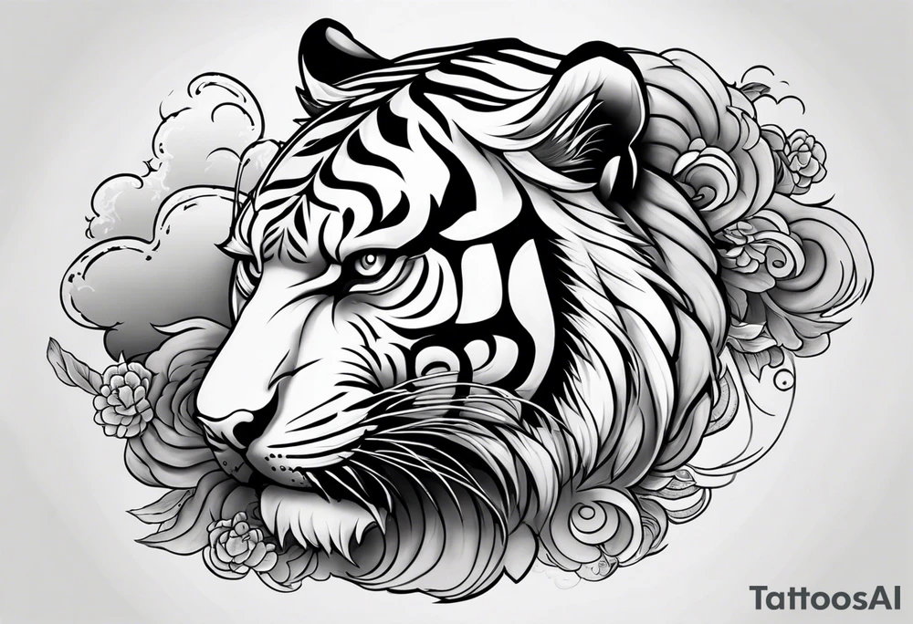 Asian Japanese Chinese style tiger with a full body not just head twisting body for a forearm half sleeve, clouds tattoo idea