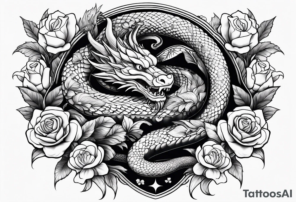Snake dragon with flowers tattoo idea