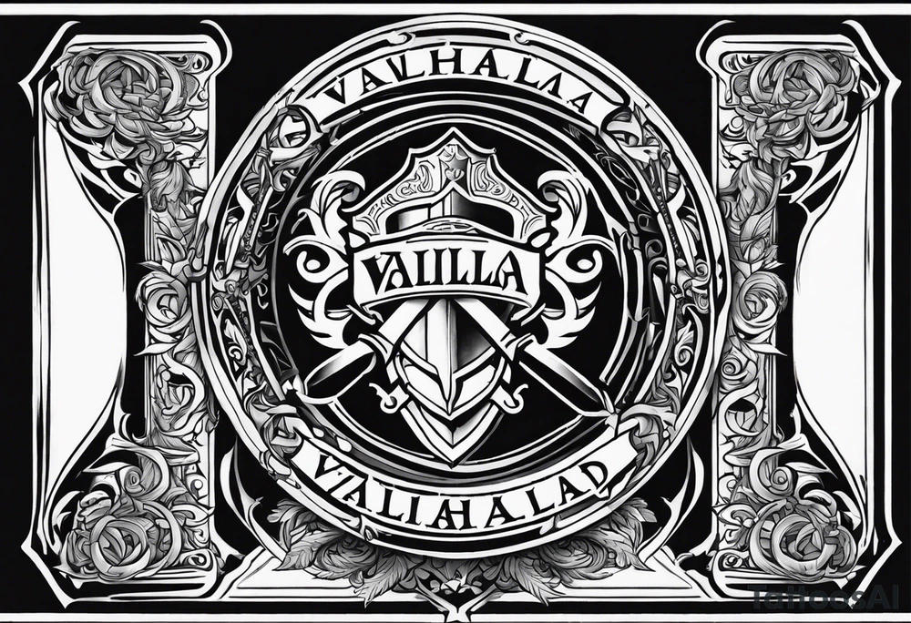 Valhalla shield sword stairs fire tattoo idea