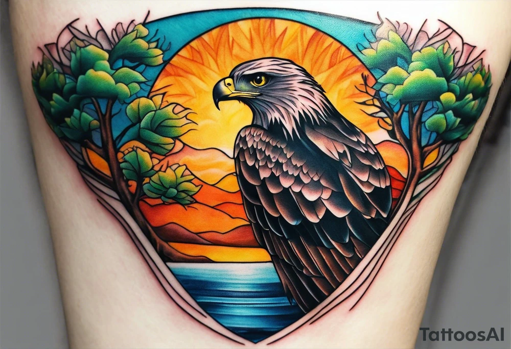 Small inside arm tattoo. Black kite (Daya's name), nature (trees/sea), small sunflower. Soft colours tattoo idea