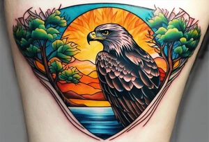Small inside arm tattoo. Black kite (Daya's name), nature (trees/sea), small sunflower. Soft colours tattoo idea