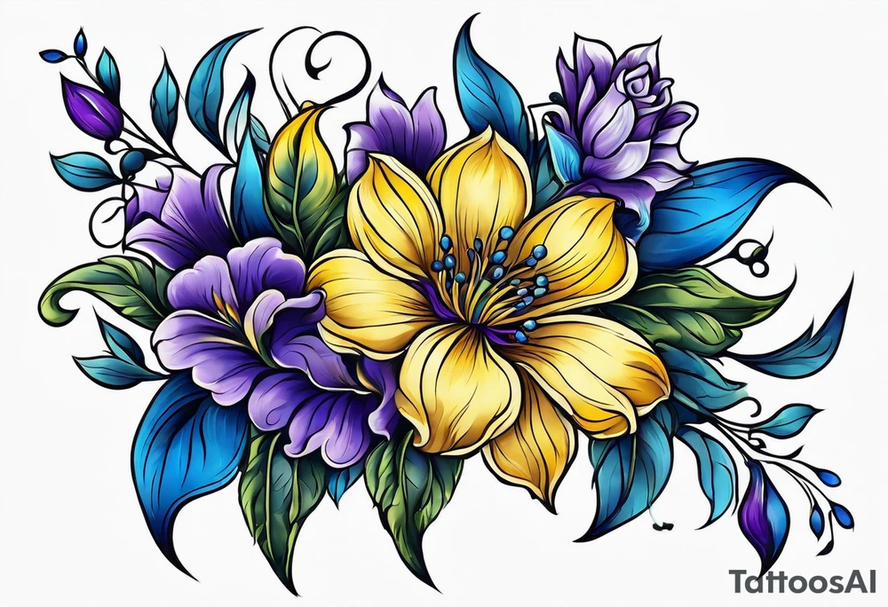 Blue yellow and purple flowers arm sleeve tattoo idea
