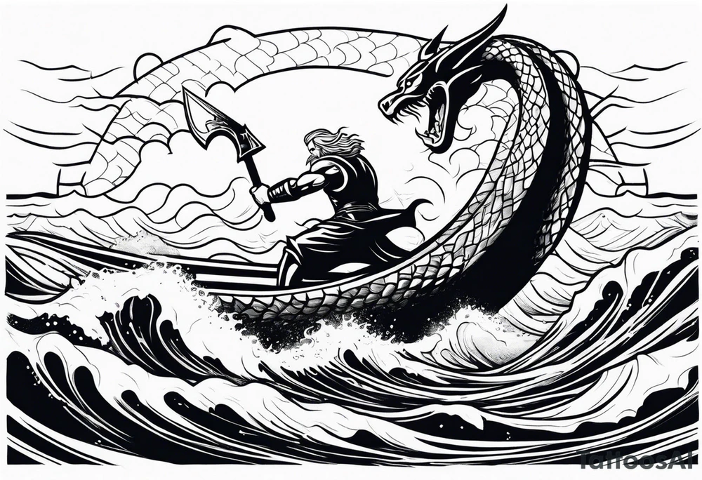 thor fighting sea serpent in the ocean during a hurricane tattoo idea