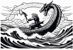 thor fighting sea serpent in the ocean during a hurricane tattoo idea