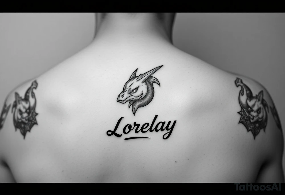 Créame un diseño en miniatura para la parte baja del bicep de una personaje principal de dragón Ball con el nombre de lorelay escrito por debajo del diseño tattoo idea
