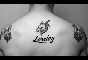 Créame un diseño en miniatura para la parte baja del bicep de una personaje principal de dragón Ball con el nombre de lorelay escrito por debajo del diseño tattoo idea