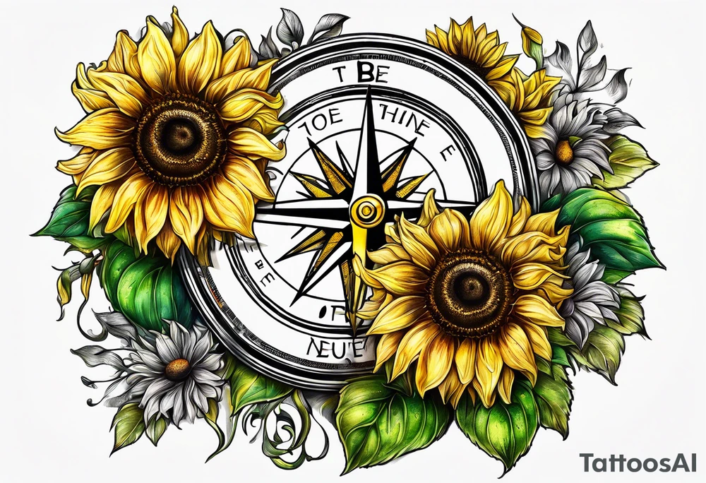 Sunflower and a compass, with the words "To Thine Own Self Be True" tattoo idea