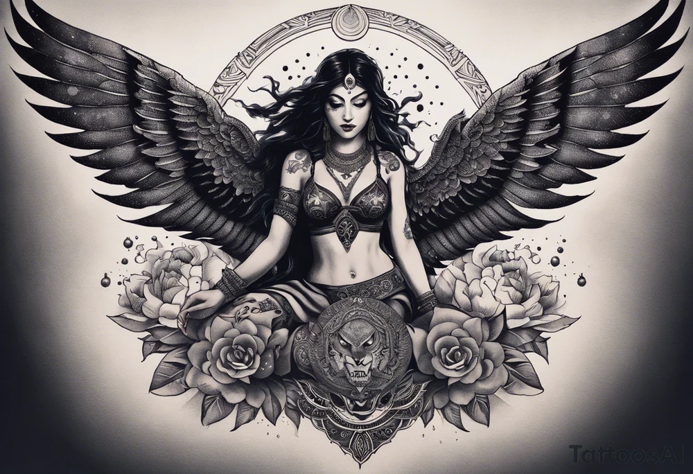 black kali, goddess pirate, alien, angel, pachamama, valkrye, warrior, flying, skull, lotus azul, wing, eagle, zenza resonance, stars, 5D, anahata chakra, death, durga, riding on a tiger, flying lady, chest tatoo tattoo idea