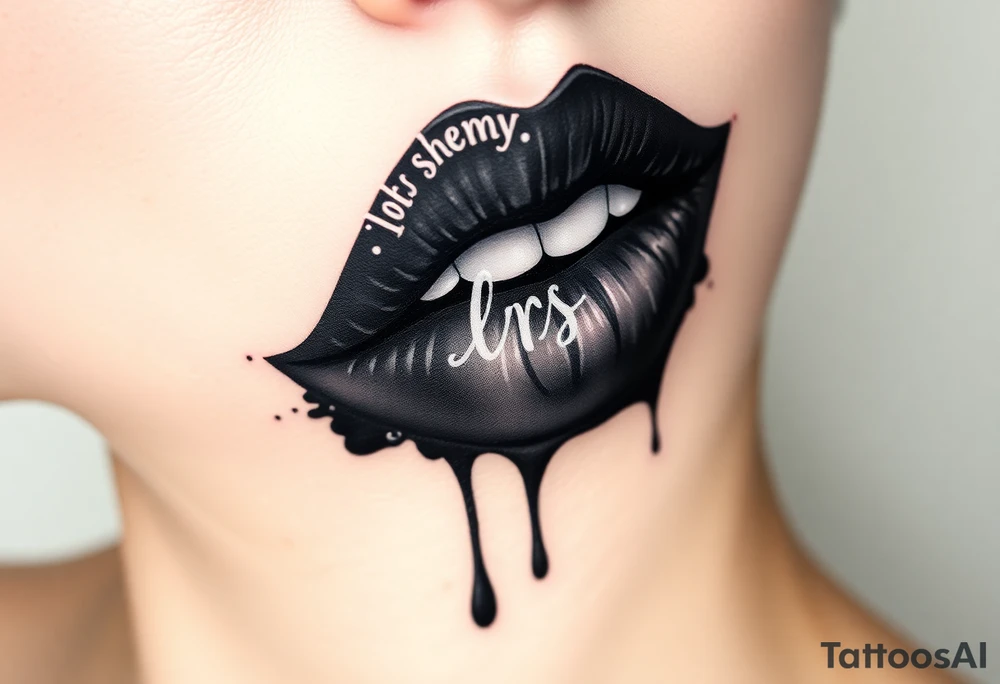 Seductive Stain from lipstick kiss with name lrs lowercase with drool black and white no teeth showing tattoo idea