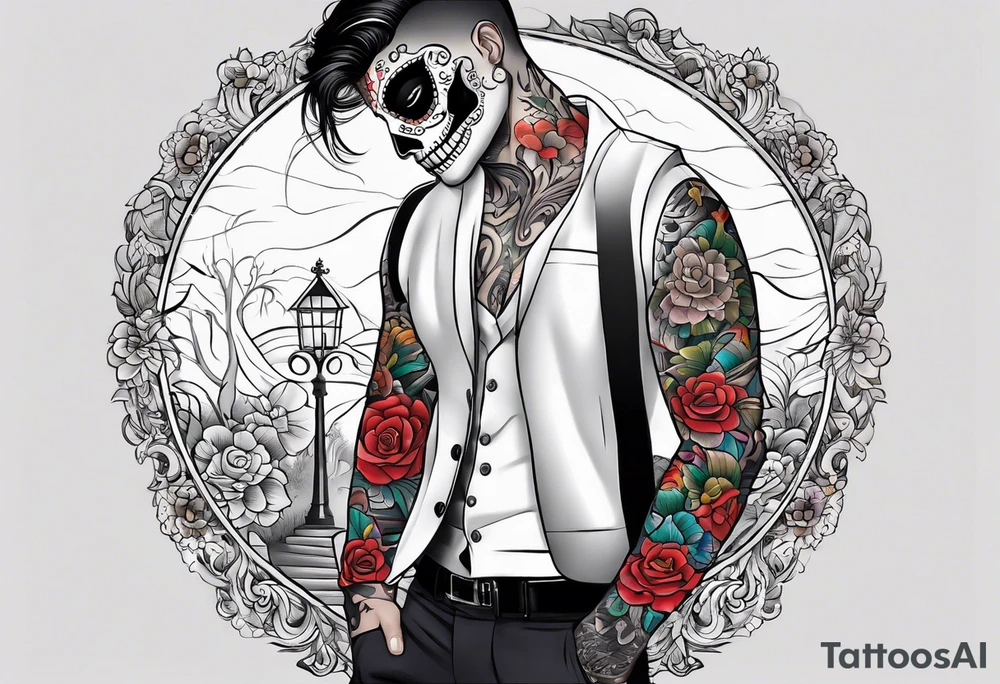 day of dead,man,standing,horizontal,cover up tattoo idea