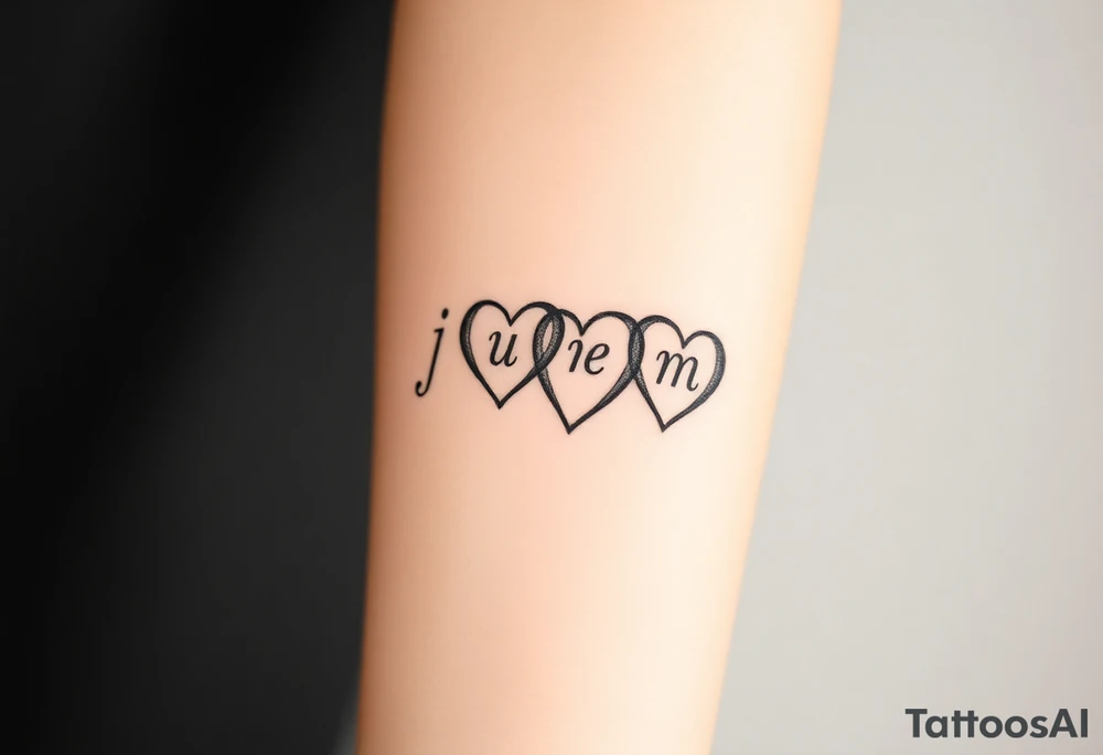 four hearts with the initials "j" "e" "m" "m" in each heart tattoo idea