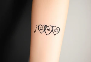 four hearts with the initials "j" "e" "m" "m" in each heart tattoo idea