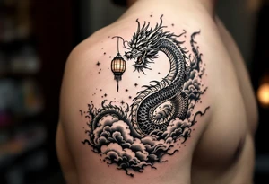 Chinese dragon flying towards the sky surrounded by chinese lanterns tattoo idea