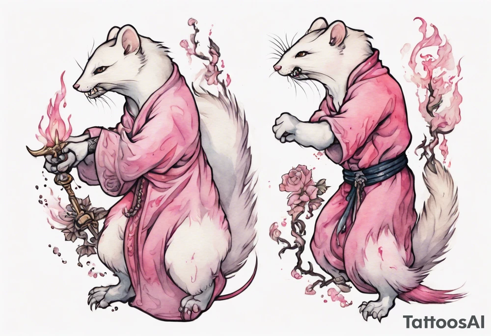 an ermine with pink fur attacking an angry medieval man tattoo idea