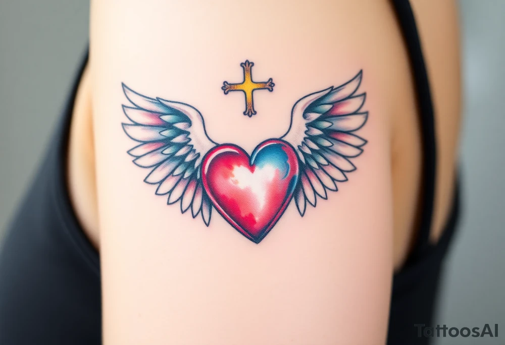 dainty catholic sacred heart with angel wings tattoo idea