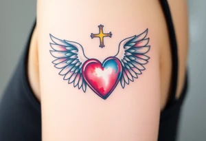 dainty catholic sacred heart with angel wings tattoo idea