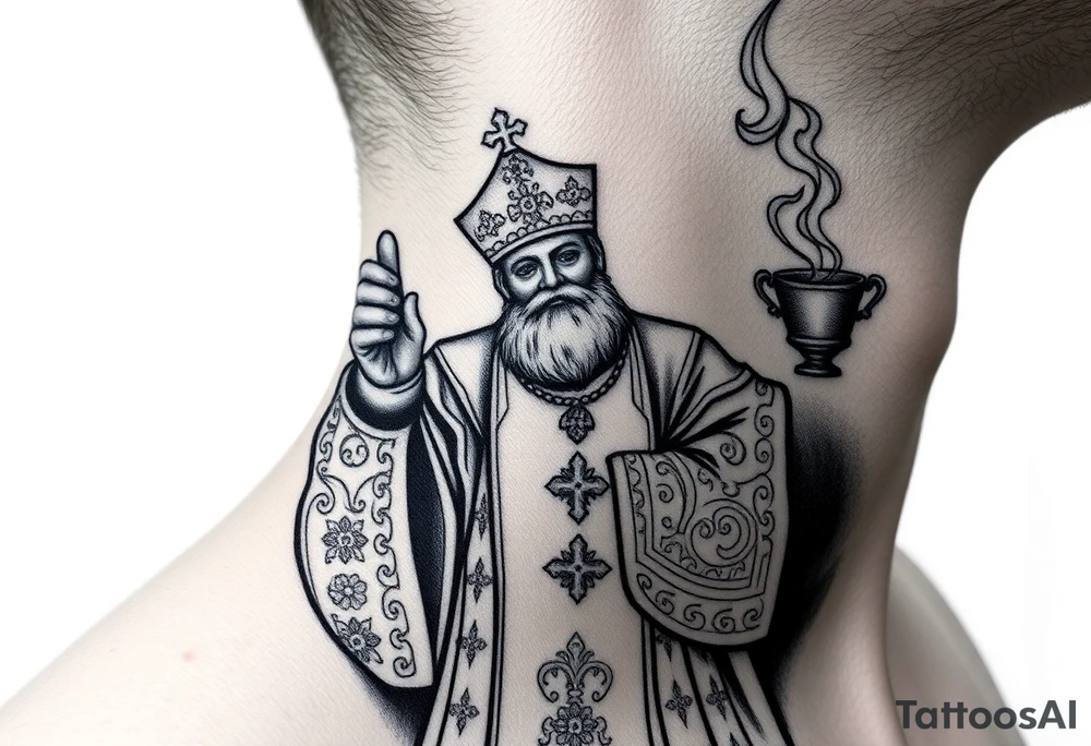 A Russian Orthodox Priest in full gold vestments swinging a censer with smoke curling upward 

The ornate robes give incredible fine line detail
The incense smoke could flow and connect to other elements
It ties directly into the church and Virgin Mary you already have
Very culturally authentic to the overall theme tattoo idea