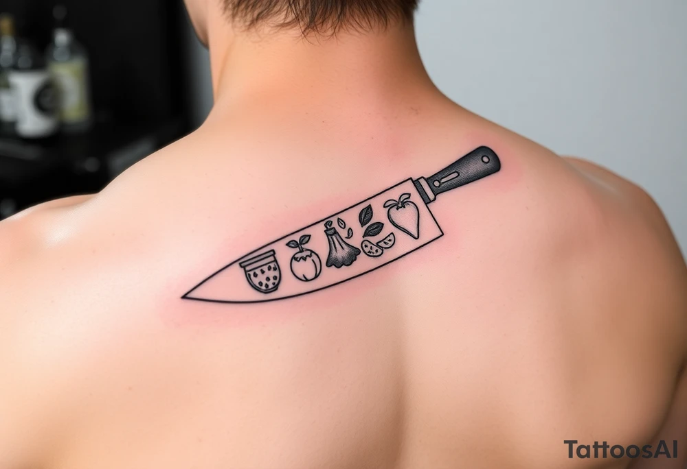 geometric fine line tattoo of a chefs knife with visual representation of the 5 tastes tattoo idea
