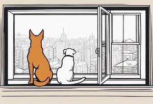 dog and cat looking out long window together tattoo idea