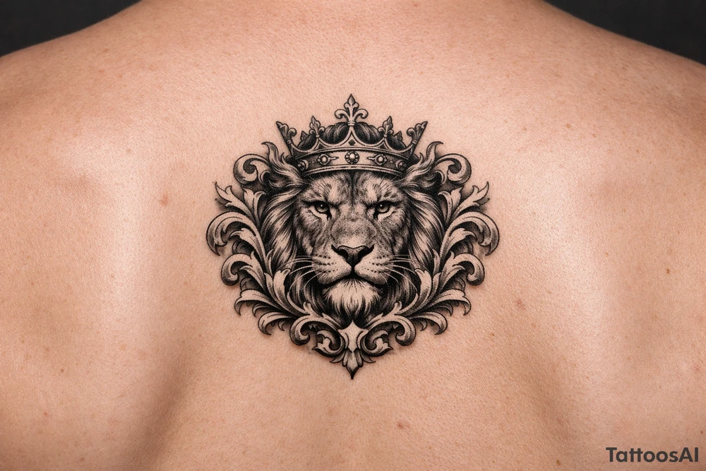 powerful majestic lion with a crown, framed by ornate floral scrollwork tattoo idea