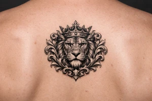 powerful majestic lion with a crown, framed by ornate floral scrollwork tattoo idea
