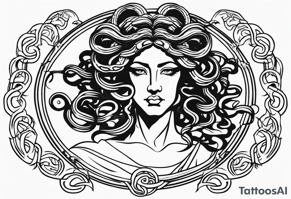 Suspicious and 
Scary Greek god medusa with snake hairs tattoo idea