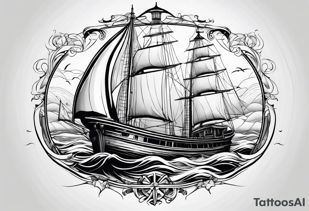 voilier vue de face. phare maritime dans le voilier servant de mat pour les voiles. tattoo idea