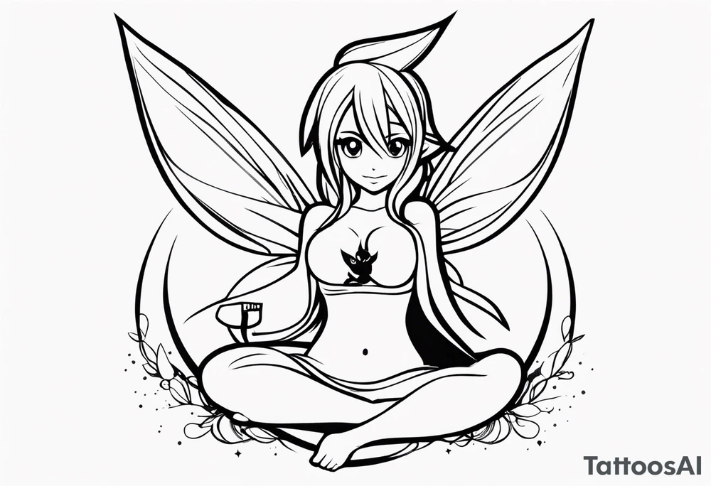 A fairy with a tail inspired by the logo of the show called Fairy Tail in a fetal position leaning in tattoo idea