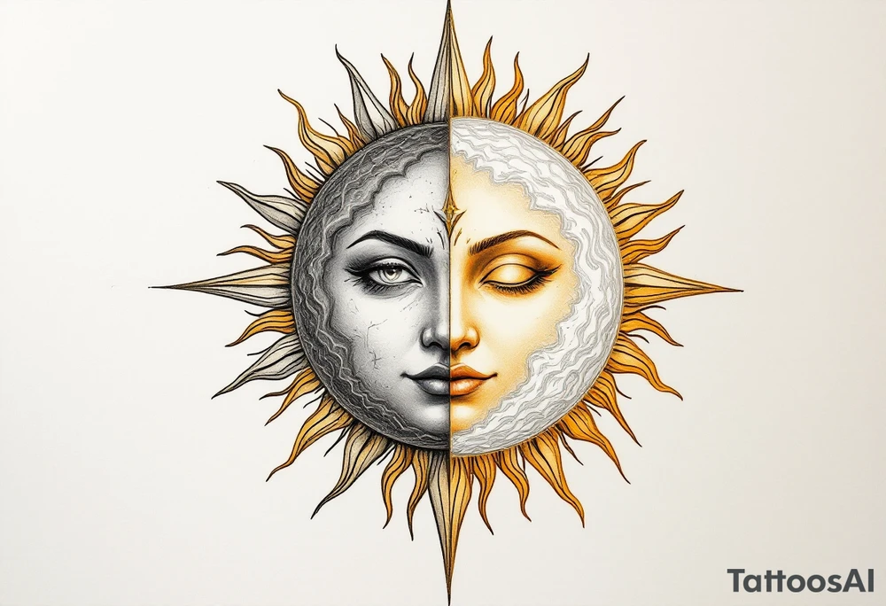 A radiant golden sun with sharp rays on one side and a calm silver moon with soft waves on the other, symbolizing karmic equilibrium. tattoo idea