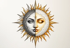 A radiant golden sun with sharp rays on one side and a calm silver moon with soft waves on the other, symbolizing karmic equilibrium. tattoo idea