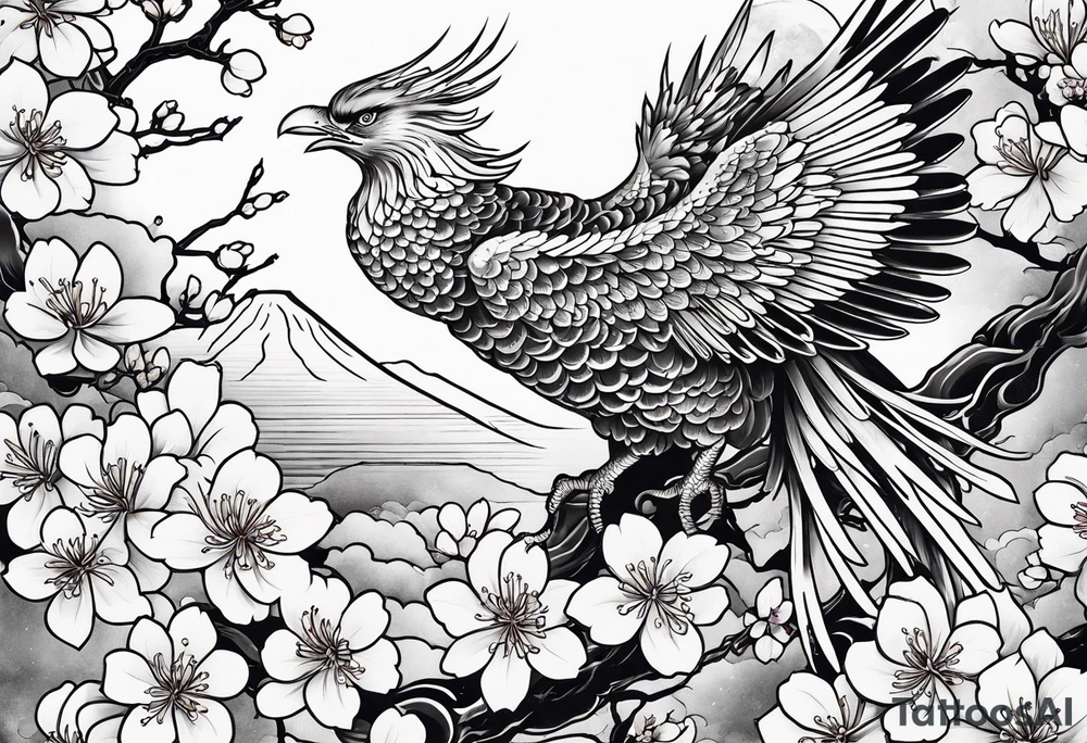 traditional Japanese phoenix and cherry blossoms no background tattoo idea