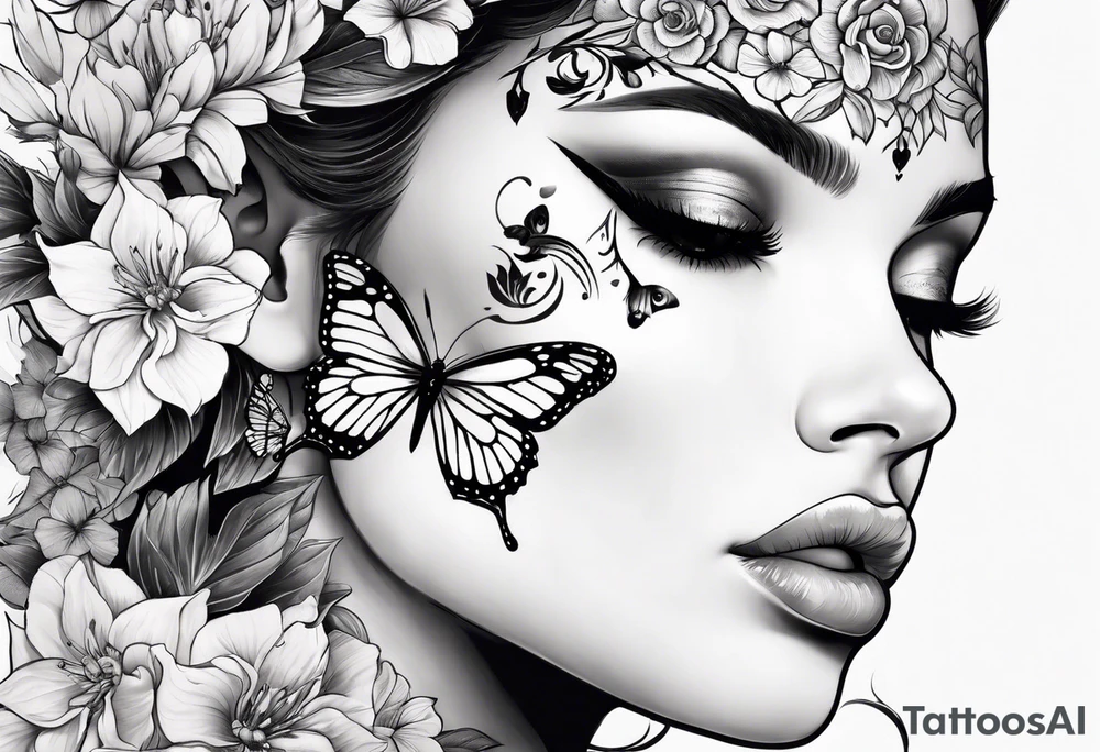 Half face with flowers and butterfly tattoo idea