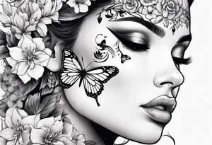 Half face with flowers and butterfly tattoo idea