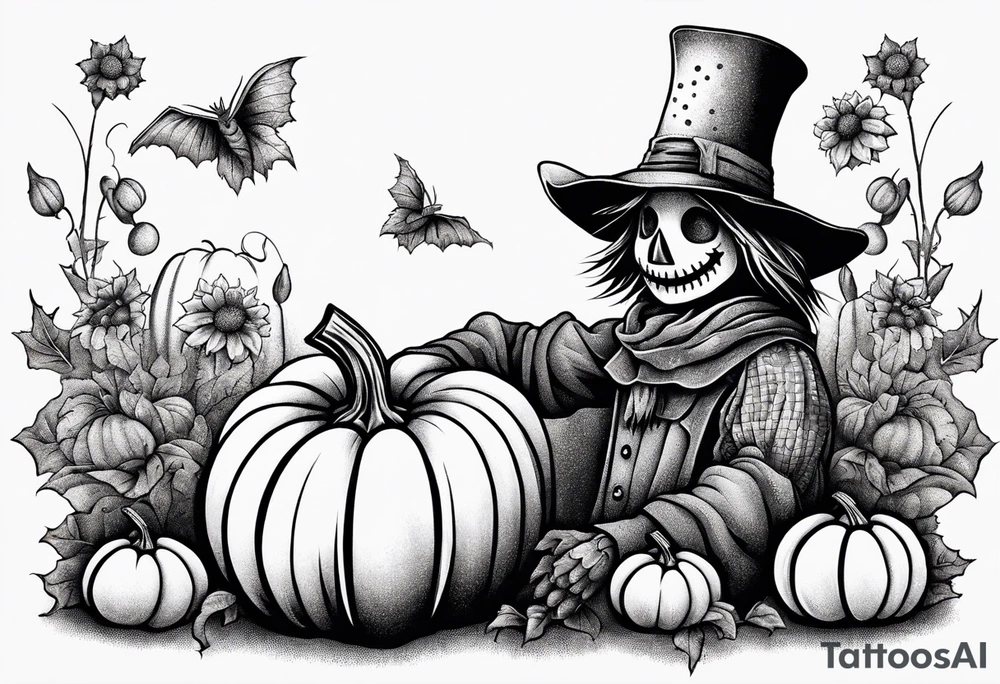 friendly scarecrow with pumpkins and flowers tattoo idea