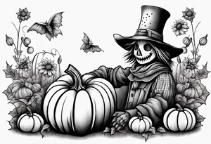 friendly scarecrow with pumpkins and flowers tattoo idea
