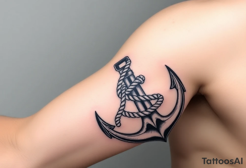 weathered anchor wrapped in nautical rope with sea waves tattoo idea